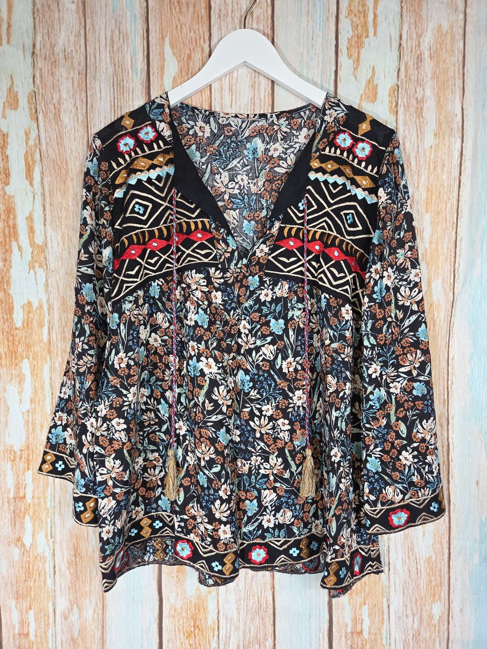 Floral Embroidered V-Neck Peasant Top in Black and Blue Boho Top